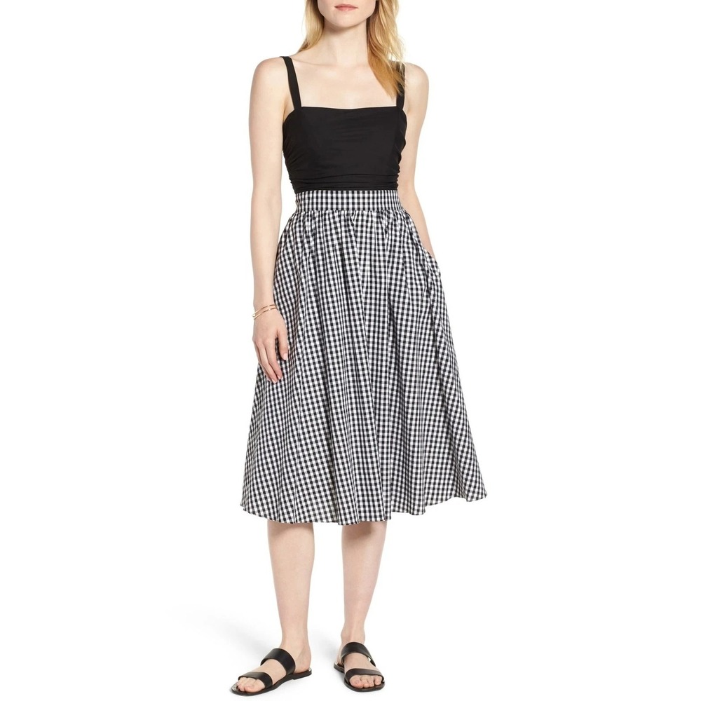 1901 Nordstrom Gingham Midi Dress Black White Bow Back Pockets Women's Size 8